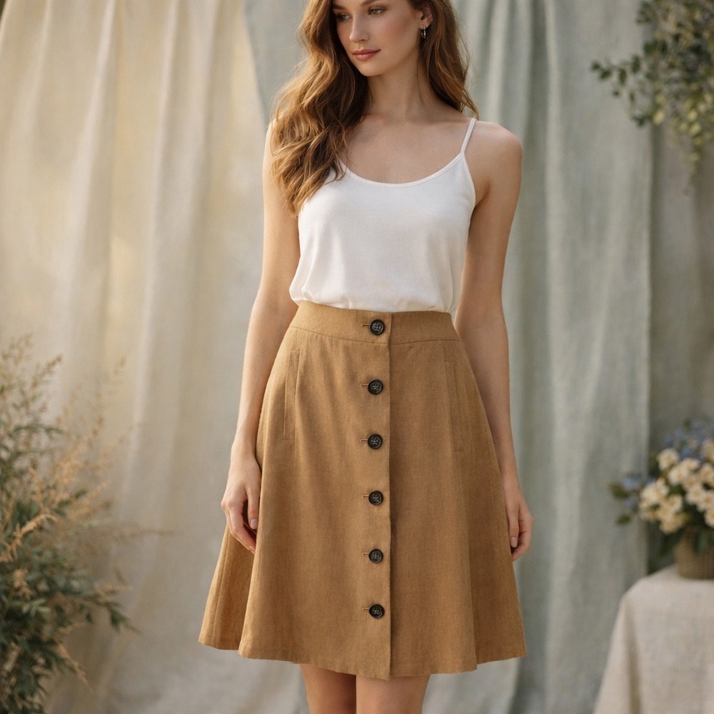 Banana Republic Camel Tan Button Front A-Line Midi Skirt Womens 10‎ NWT